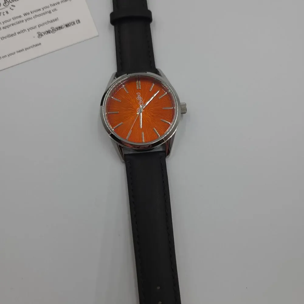 The Beyond Boring Watch Company in Orange Sunburst Watch Black Leather 39mm